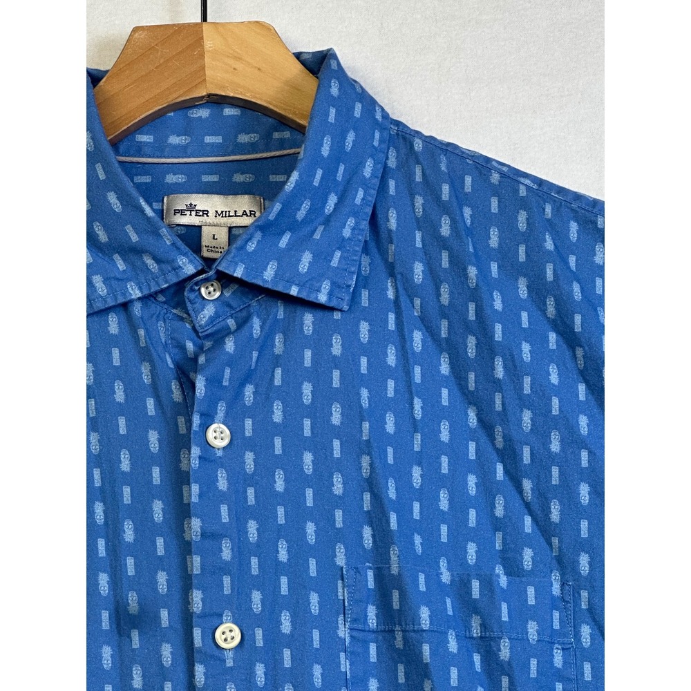 Peter Millar Mens Blue Pineapple Tiki Skull Print Short Sleeve Shirt Large L